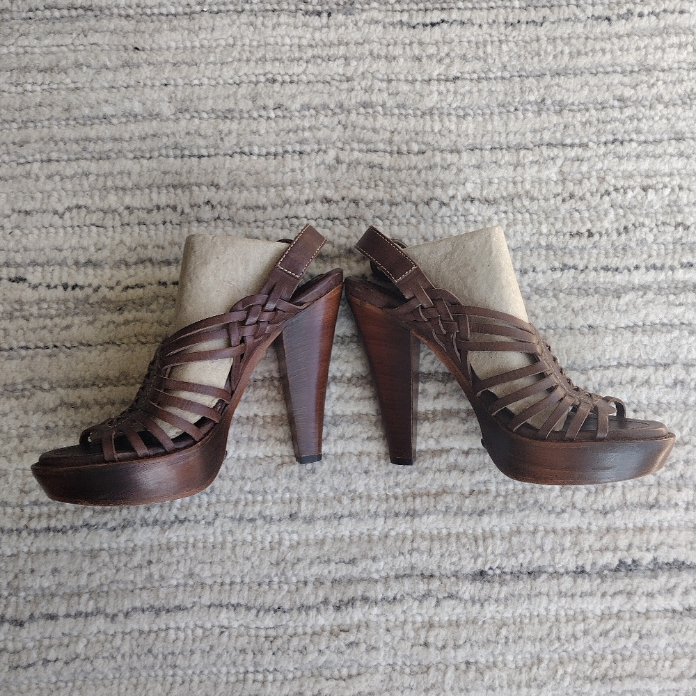 SUPER CLEAN Frye Huarache Slingback Heels Sandals Cognac Brown Size 7.5 Platform